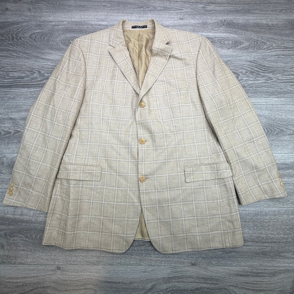 VTG Hugo Boss Sport Coat Mens 48R Beige Neiman Marcus Silk Linen Wool USA Made